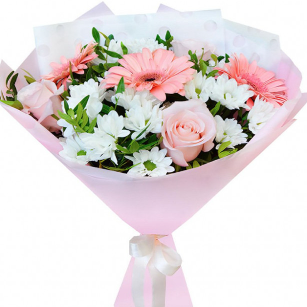  Alanya Flowers Order Buket Pembe Gerbera Gül Beyaz Krizantem Şık