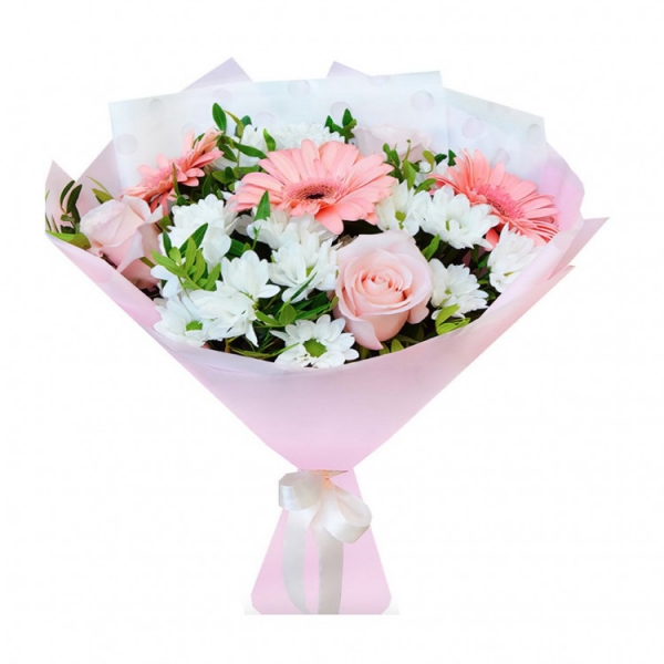  Alanya Flowers Order Buket Pembe Gerbera Gül Beyaz Krizantem Şık